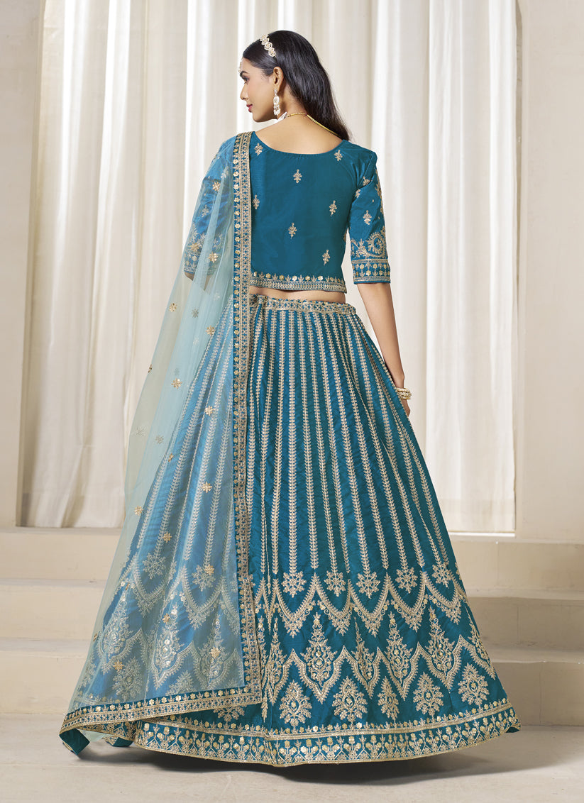 Peacock Blue Art Silk Embroidered Wedding Lehenga Choli Set