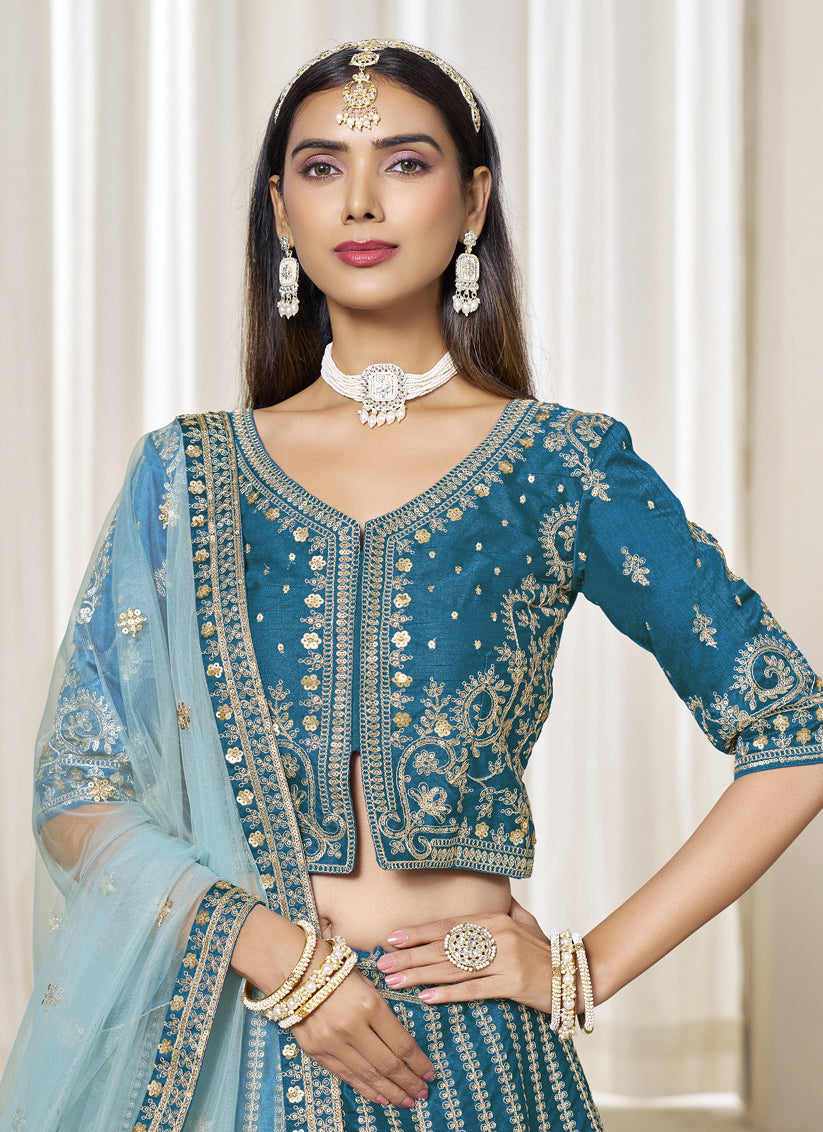 Peacock Blue Art Silk Embroidered Wedding Lehenga Choli Set
