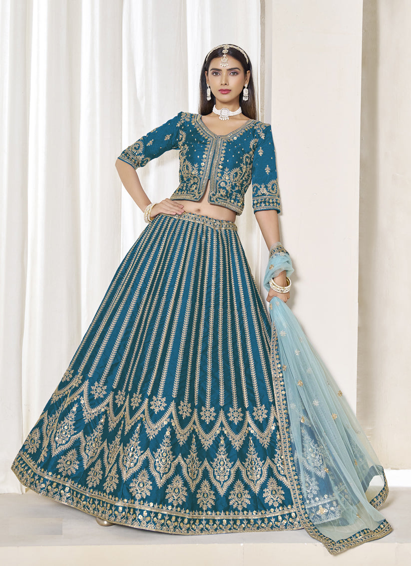 Peacock Blue Art Silk Embroidered Wedding Lehenga Choli Set