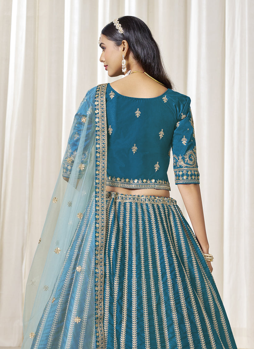 Peacock Blue Art Silk Embroidered Wedding Lehenga Choli Set
