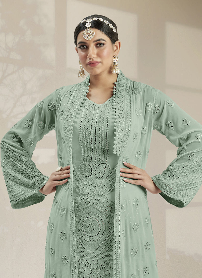 Mint Green Georgette Embroidered Palazzo Kameez