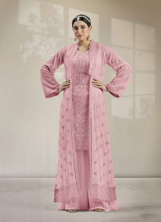 Carnation Pink Georgette Embroidered Palazzo Kameez