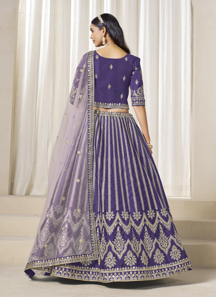 Violet Art Silk Embroidered Wedding Lehenga Choli Set
