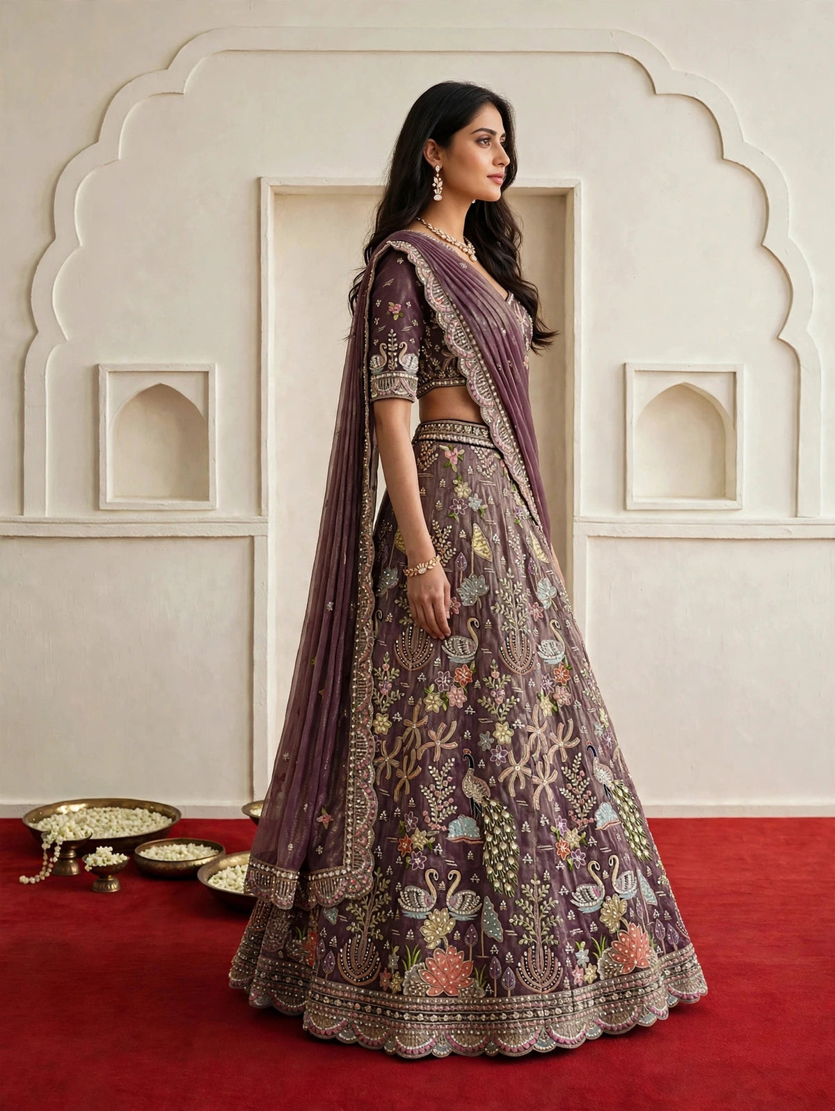 Elegant Purple Tissue Bridal Lehenga with Swan & Peacock Motifs