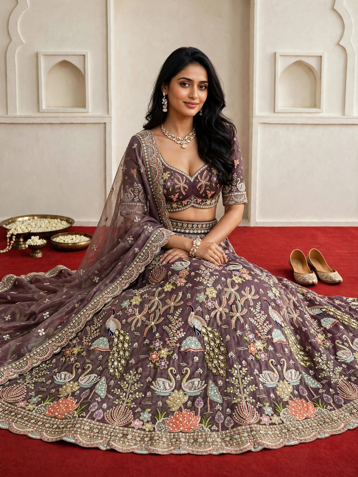 Elegant Purple Tissue Bridal Lehenga with Swan & Peacock Motifs