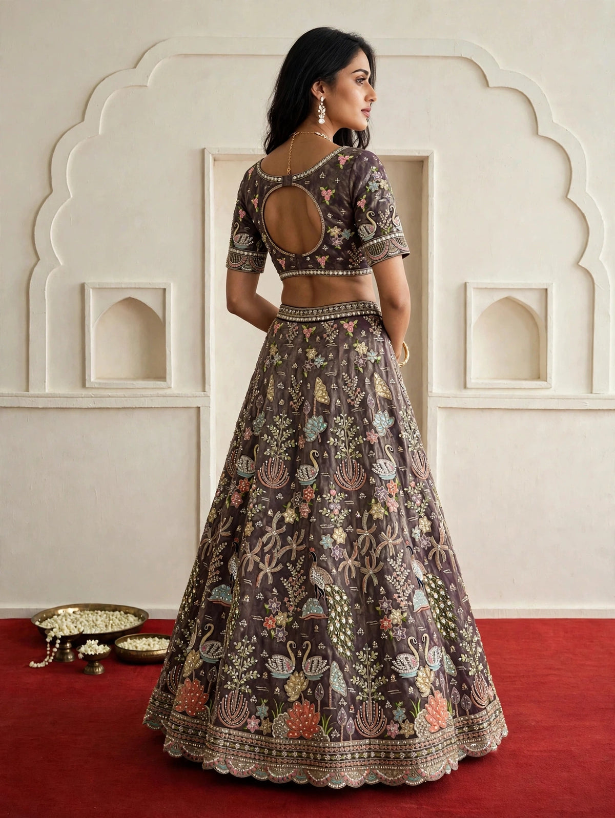Elegant Purple Tissue Bridal Lehenga with Swan & Peacock Motifs