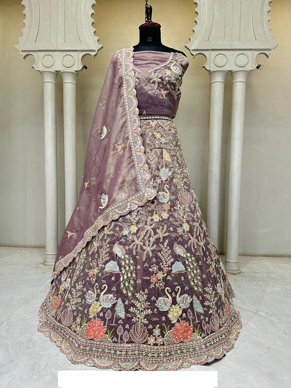 Elegant Purple Tissue Bridal Lehenga with Swan & Peacock Motifs