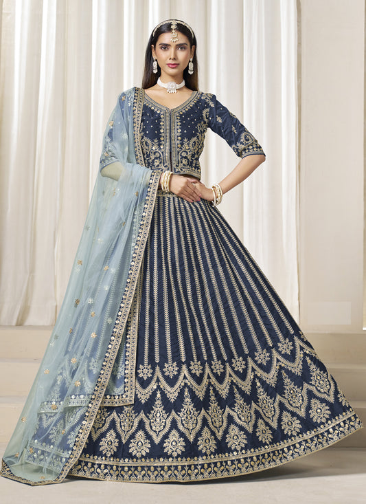 Prussian Blue Art Silk Embroidered Wedding Lehenga Choli Set