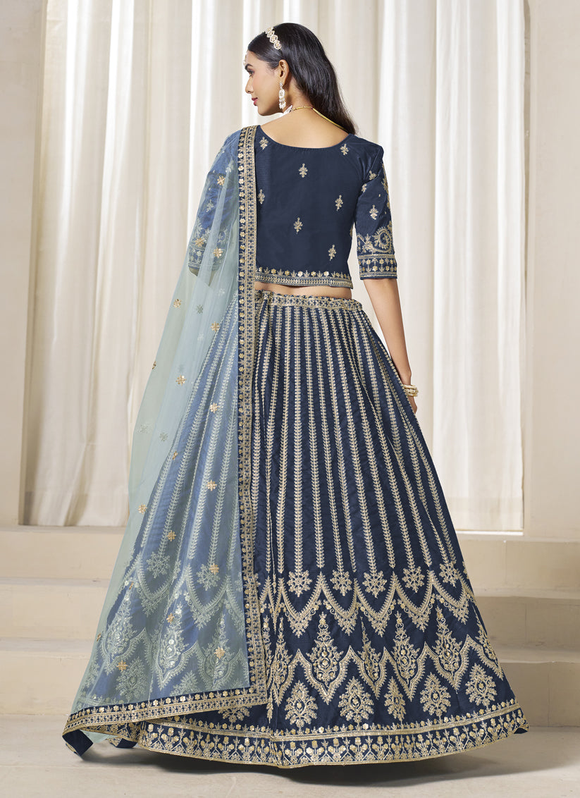 Prussian Blue Art Silk Embroidered Wedding Lehenga Choli Set