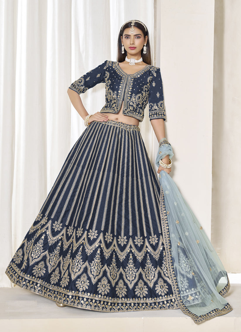 Prussian Blue Art Silk Embroidered Wedding Lehenga Choli Set