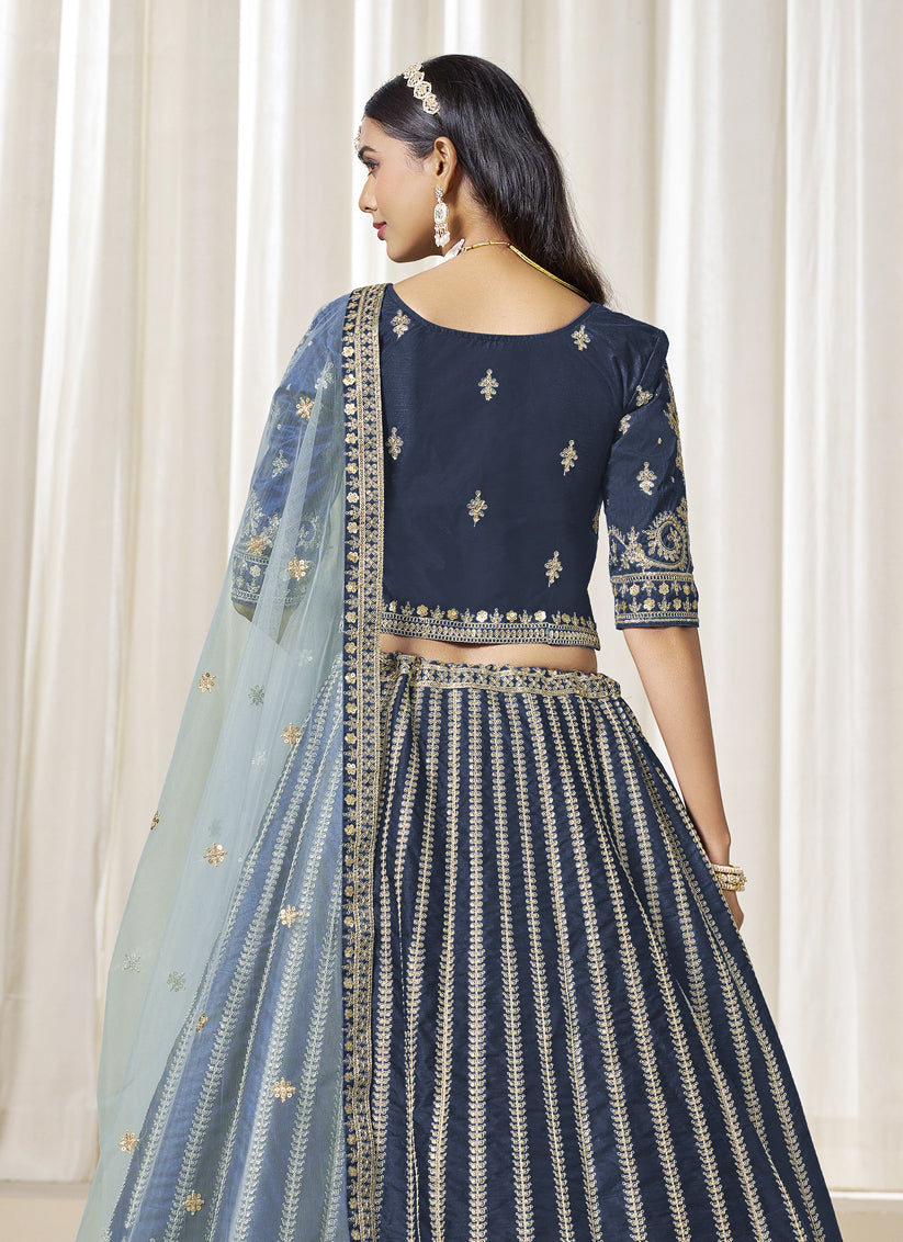 Prussian Blue Art Silk Embroidered Wedding Lehenga Choli Set