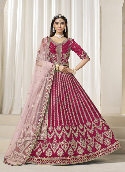 Raspberry Pink Art Silk Embroidered Wedding Lehenga Choli Set