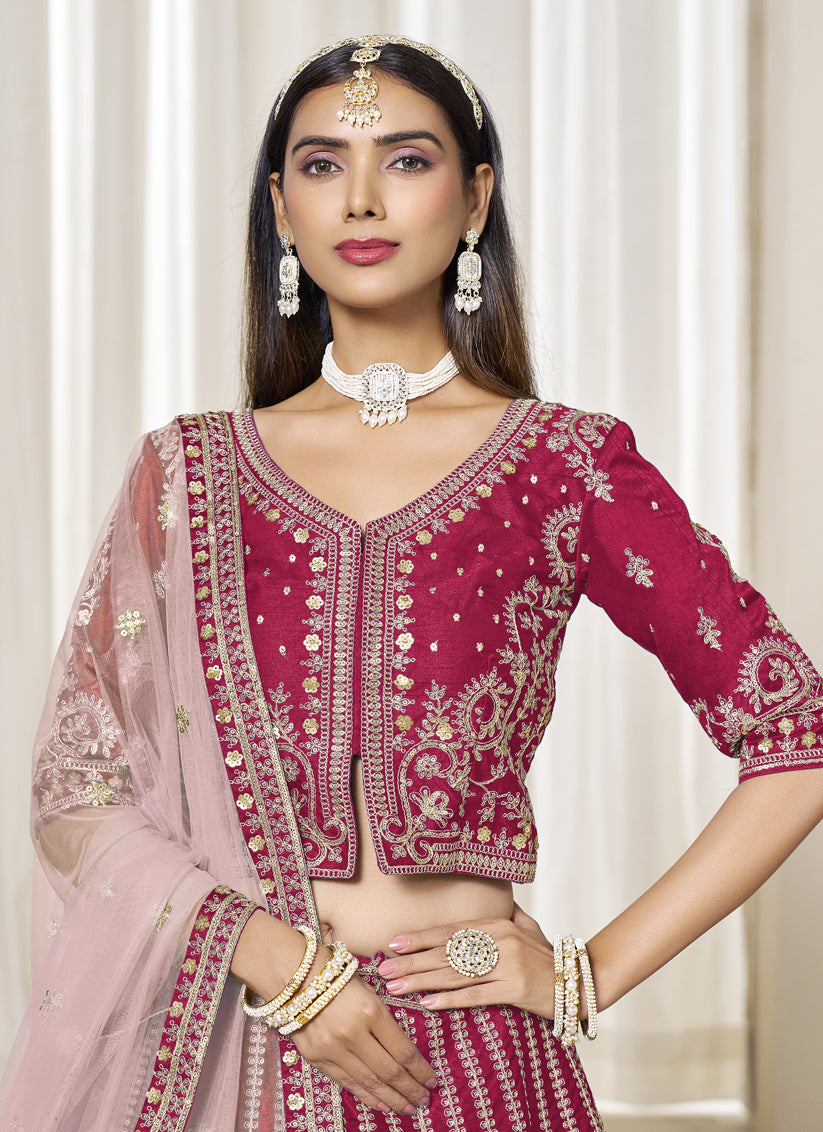 Raspberry Pink Art Silk Embroidered Wedding Lehenga Choli Set