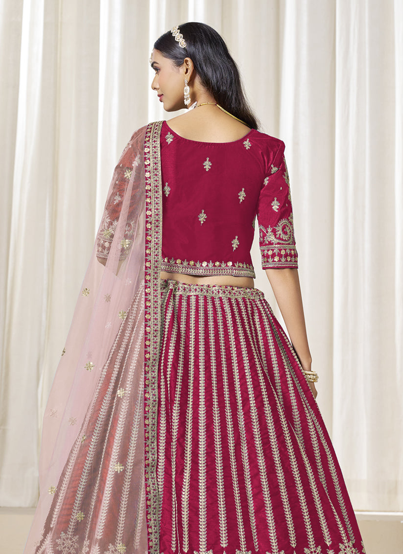 Raspberry Pink Art Silk Embroidered Wedding Lehenga Choli Set