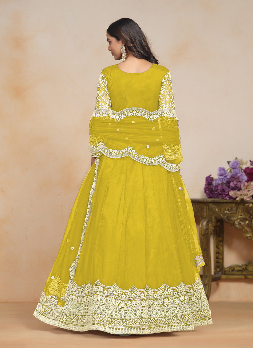 Maize Yellow Net Embroidered Anarkali Festival Dress