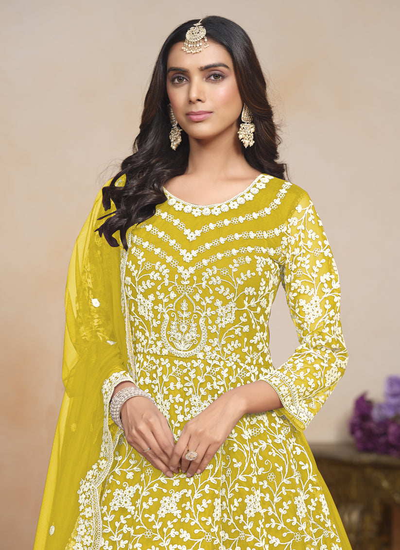 Maize Yellow Net Embroidered Anarkali Festival Dress