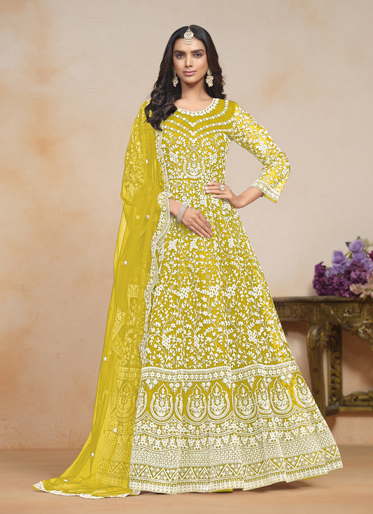 Maize Yellow Net Embroidered Anarkali Festival Dress