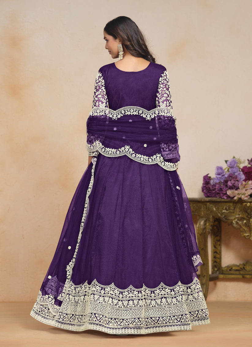 Eggplant Net Embroidered Anarkali Festival Dress