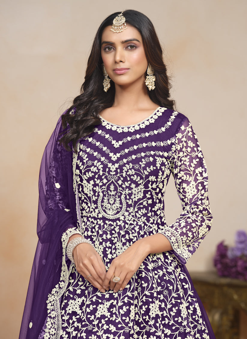 Eggplant Net Embroidered Anarkali Festival Dress