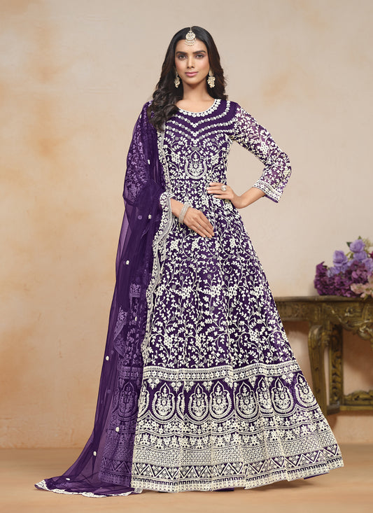 Eggplant Net Embroidered Anarkali Festival Dress