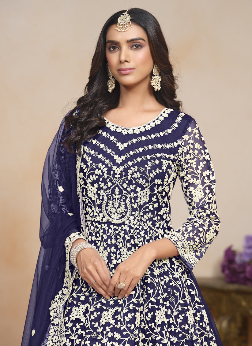 Navy Blue Net Embroidered Anarkali Festival Dress