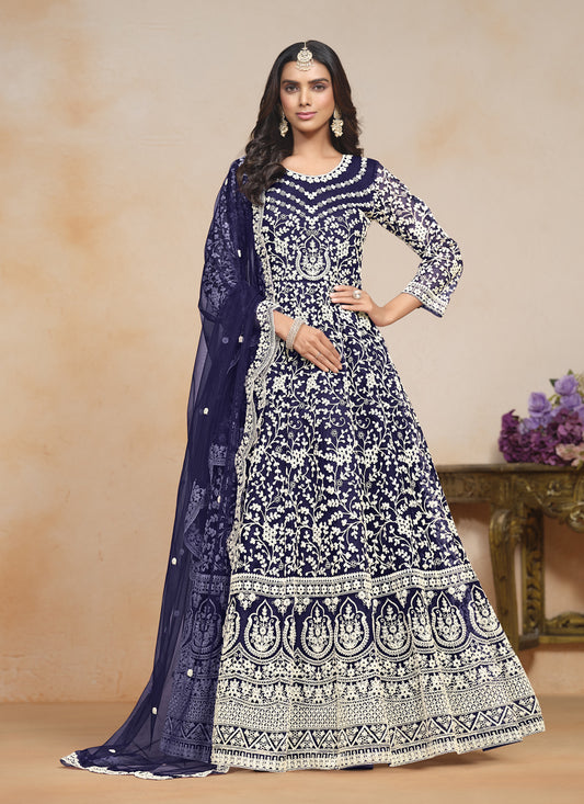 Navy Blue Net Embroidered Anarkali Festival Dress