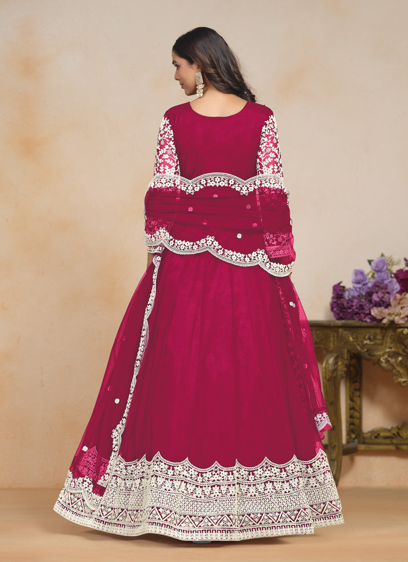 Raspberry Pink Net Embroidered Anarkali Festival Dress