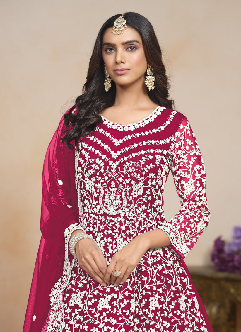 Raspberry Pink Net Embroidered Anarkali Festival Dress