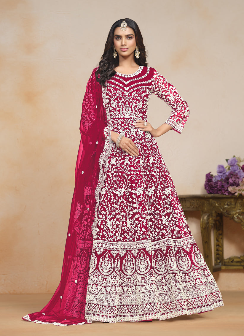 Raspberry Pink Net Embroidered Anarkali Festival Dress