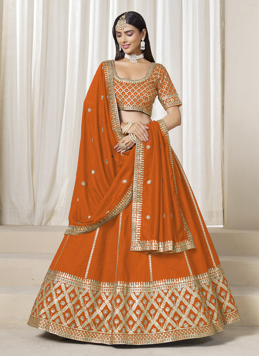 Orange Art Silk Lehenga Choli Set for Wedding