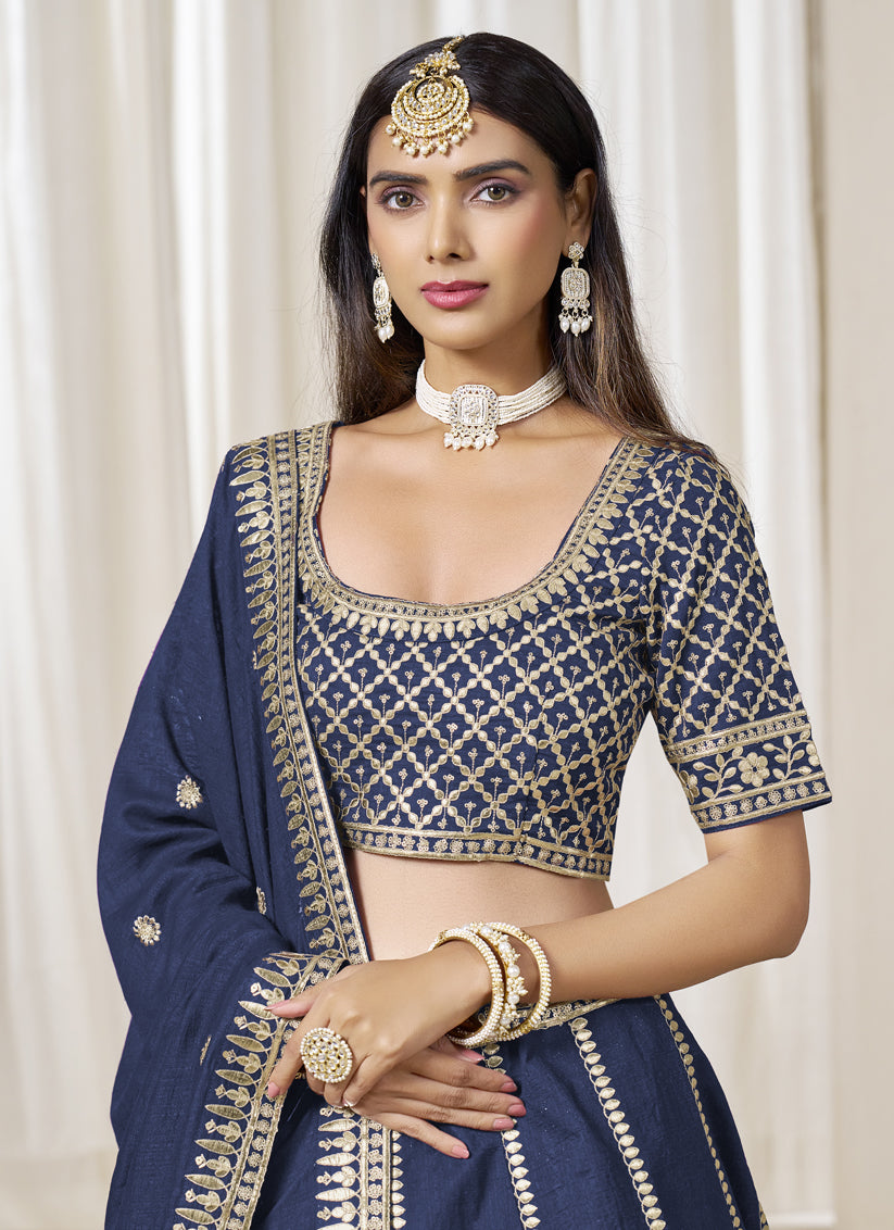 Prussian Blue Art Silk Lehenga Choli Set for Wedding