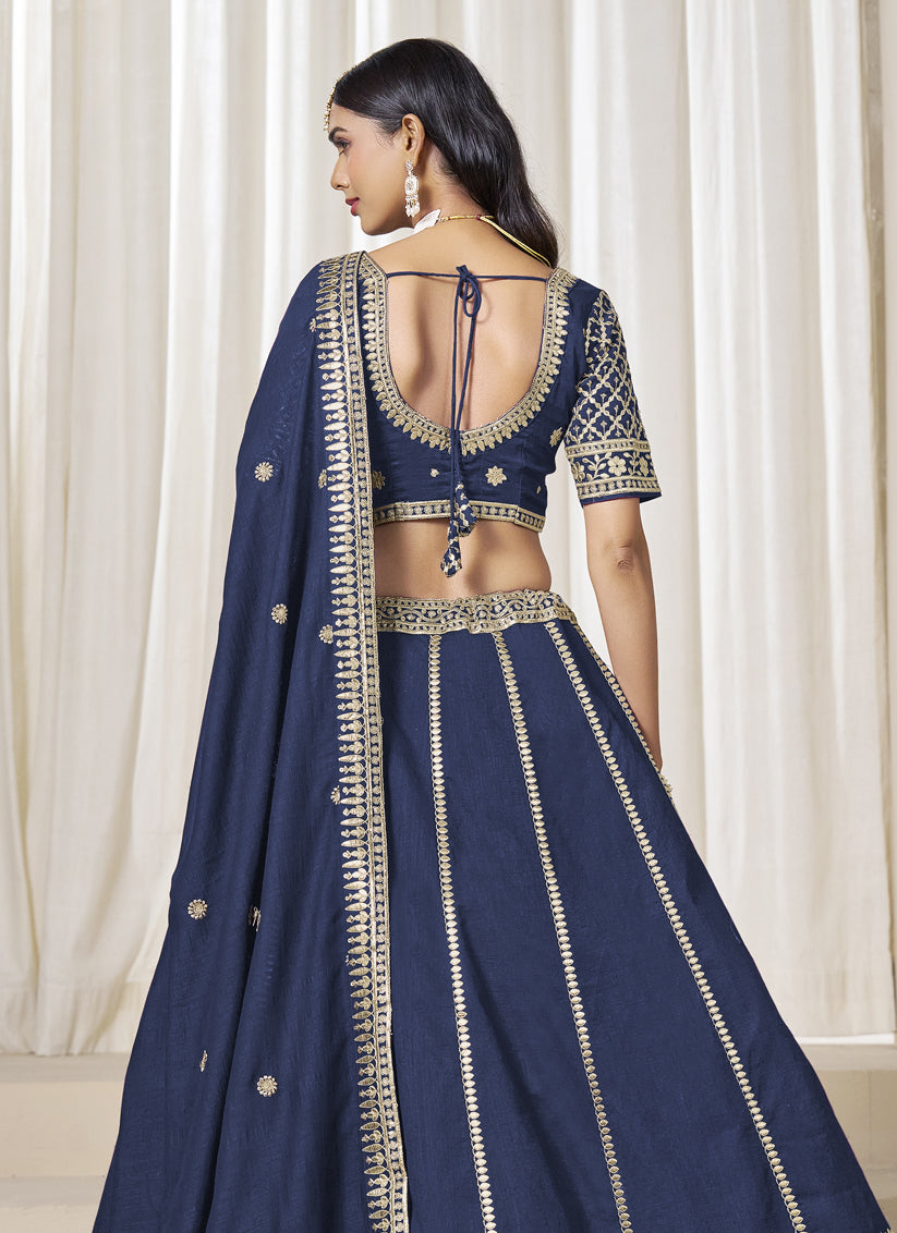 Prussian Blue Art Silk Lehenga Choli Set for Wedding