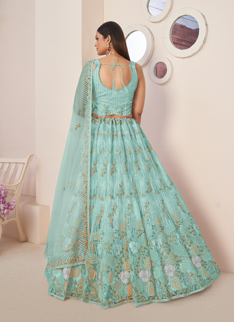Turquoise Net Embroidered Wedding Lehenga Choli