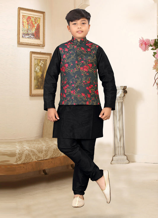 Black Silk Kurta Pyjama Set with Jute Printed Jacket