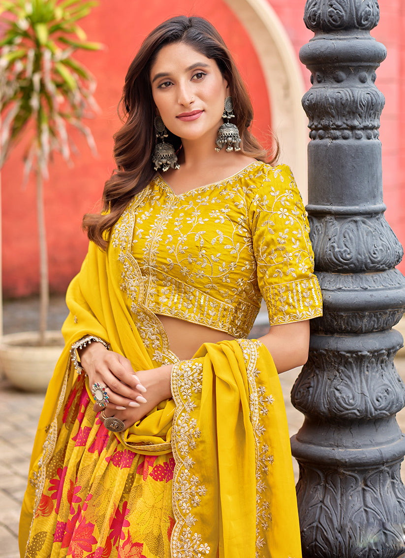 Maize Yellow Tabby Silk Embroidered Lehenga Choli set