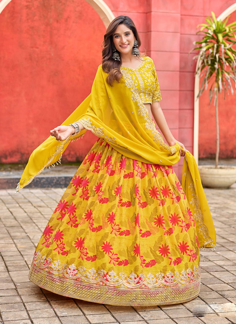Maize Yellow Tabby Silk Embroidered Lehenga Choli set