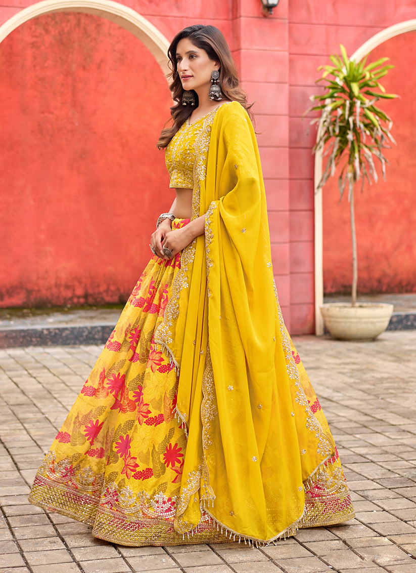 Maize Yellow Tabby Silk Embroidered Lehenga Choli set