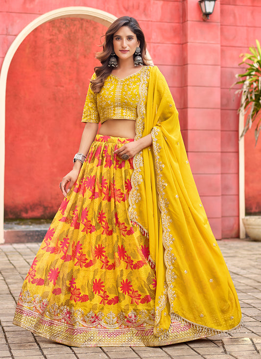 Maize Yellow Tabby Silk Embroidered Lehenga Choli set