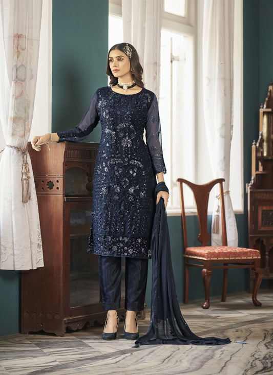 Navy Blue Faux Georgette Embroidered Pant Kameez