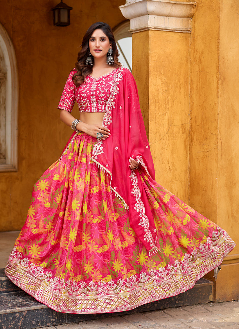 Rani Pink Tabby Silk Embroidered Lehenga Choli set