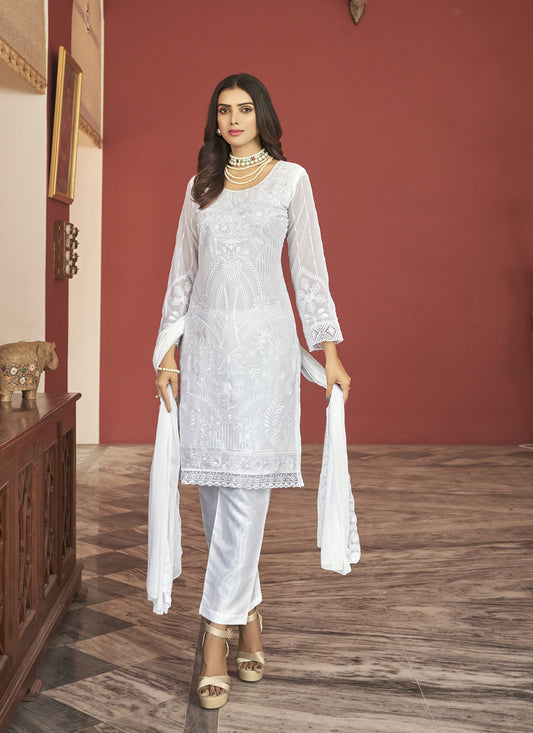 Snow White Faux Georgette Embroidered Pant Kameez