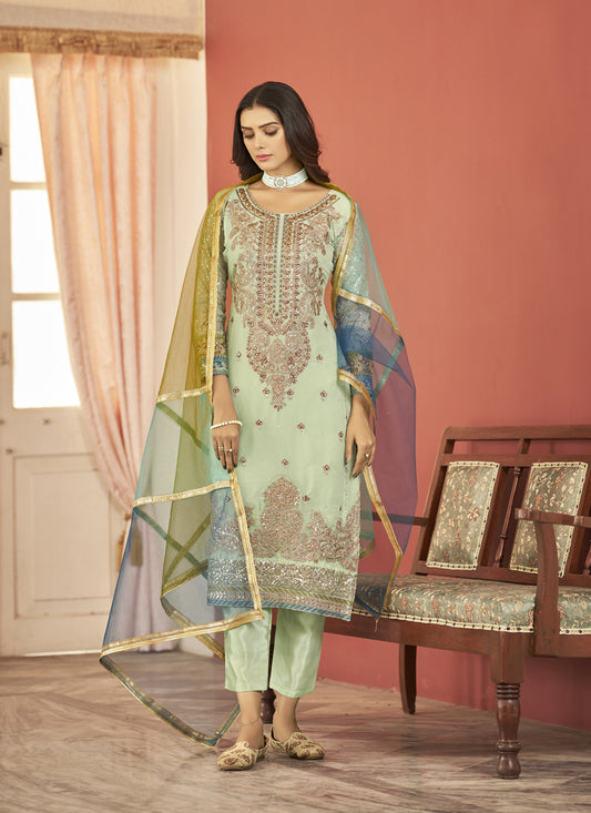 Pastel Green Faux Georgette Embroidered Pant Kameez