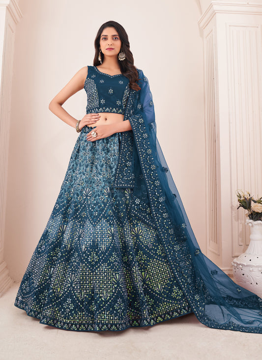 Blue Net Wedding Wear Lehenga Choli Set