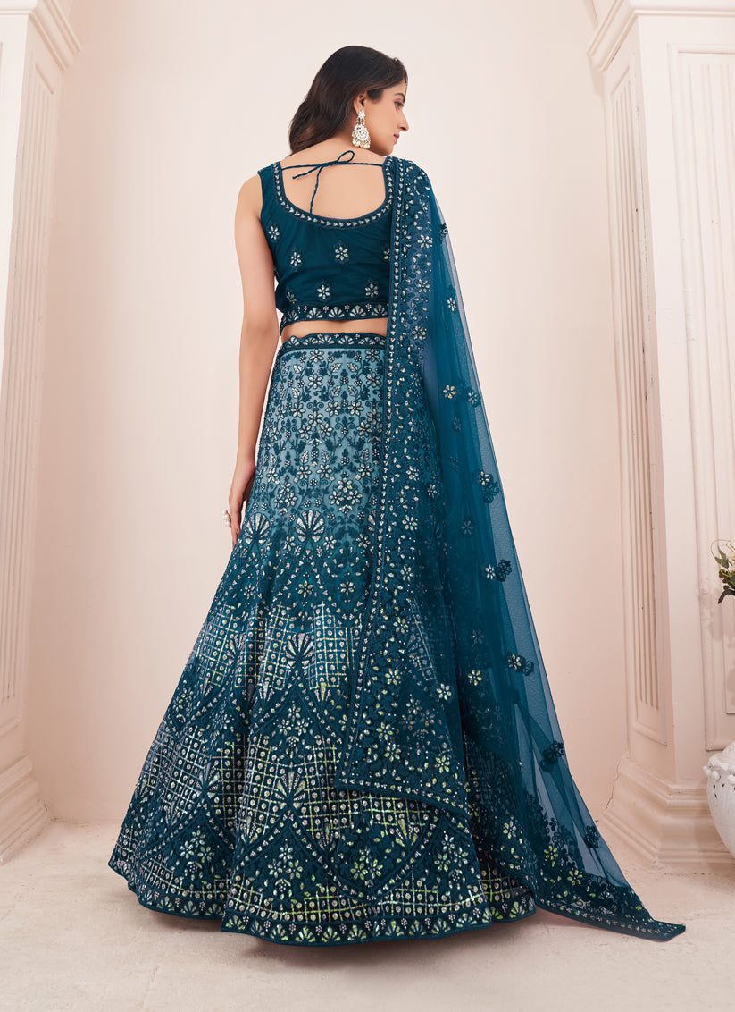 Blue Net Wedding Wear Lehenga Choli Set