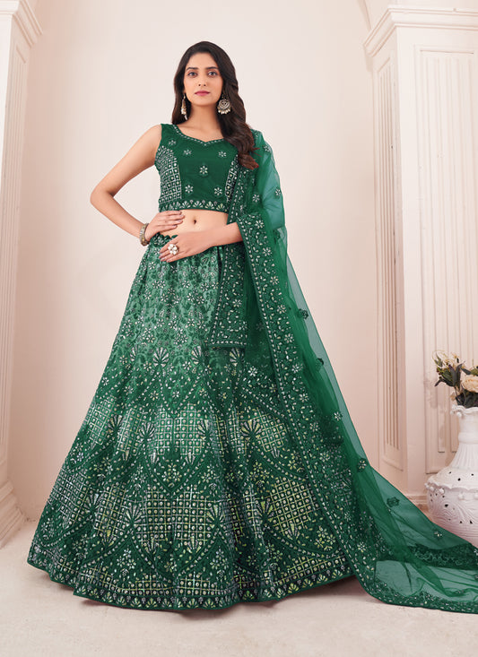 Green Net Wedding Wear Lehenga Choli Set