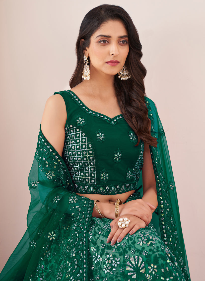 Green Net Wedding Wear Lehenga Choli Set