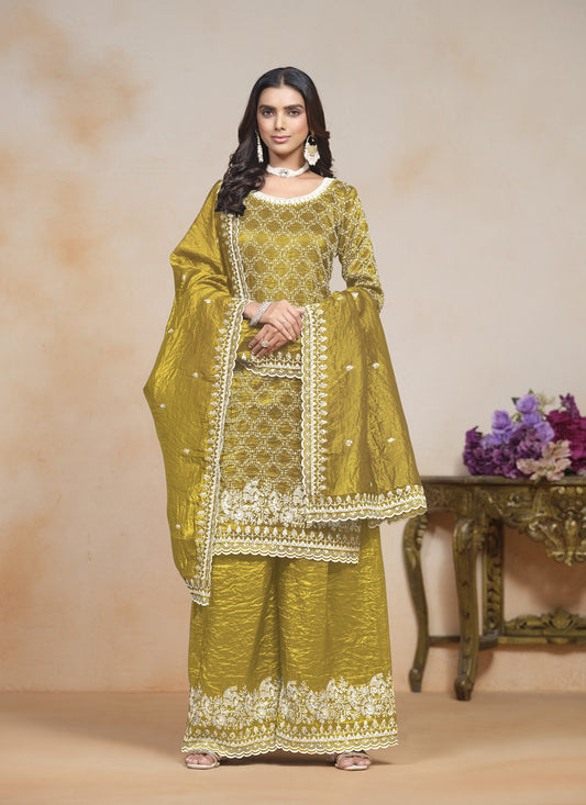 Mustard Yellow Embroidered Gold Crush  Palazzo Kameez Suit