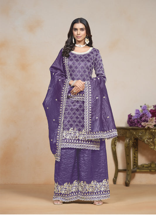 Purple  Embroidered Gold Crush  Palazzo Kameez Suit