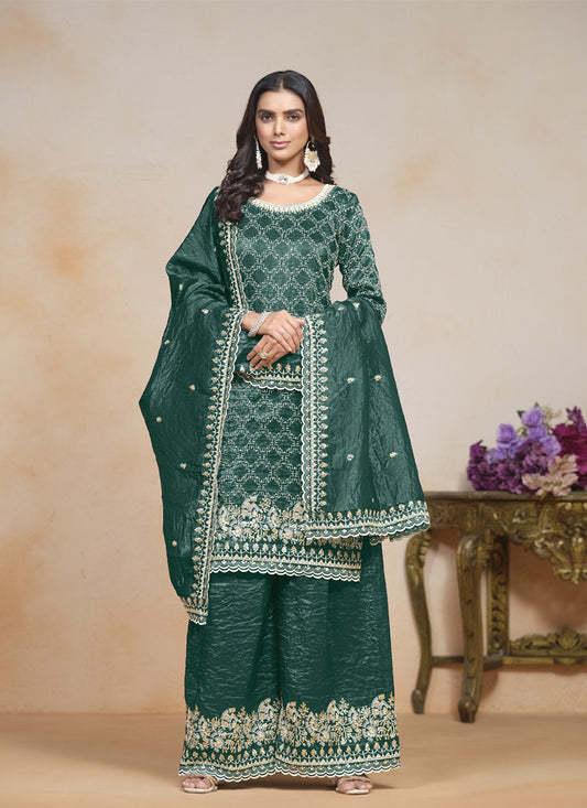 Rama Green Embroidered Gold Crush  Palazzo Kameez Suit