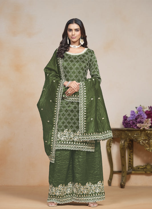 Olive Green Embroidered Gold Crush  Palazzo Kameez Suit